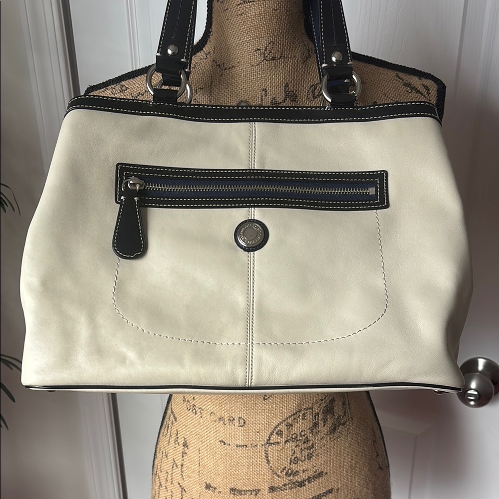 Coach Cream and Black Shoulder Bag with Leather Trim